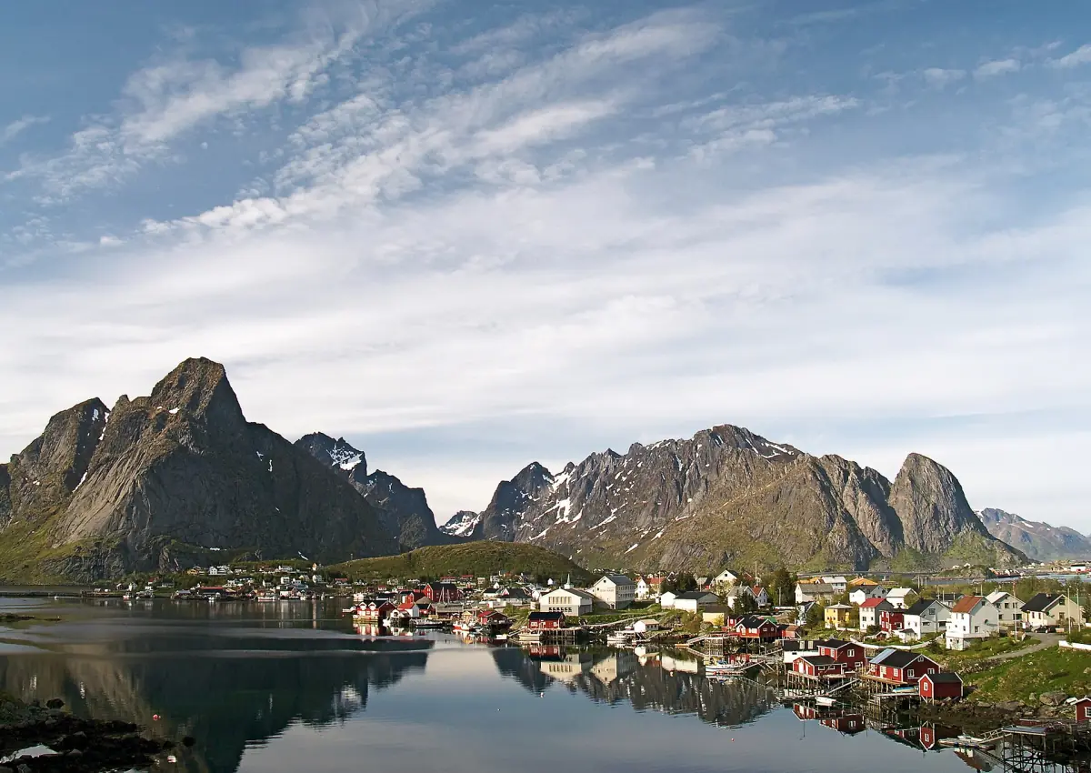 Reine reflected in calm water